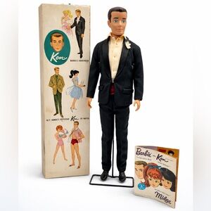 Vintage 1962 Ken Doll #750 Brunette w/ Tuxedo #787 Box & Stand Mattel